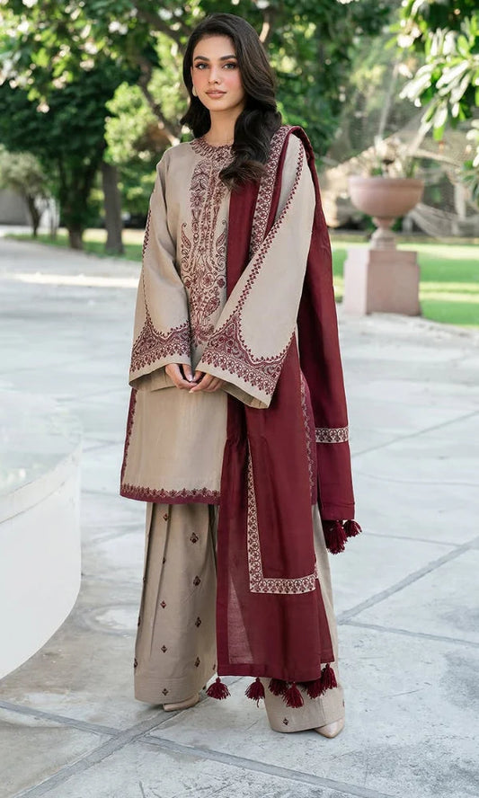 KHAADI DHANAK EMBROIDERED 3PIECE WITH PRINTED SHAWL
