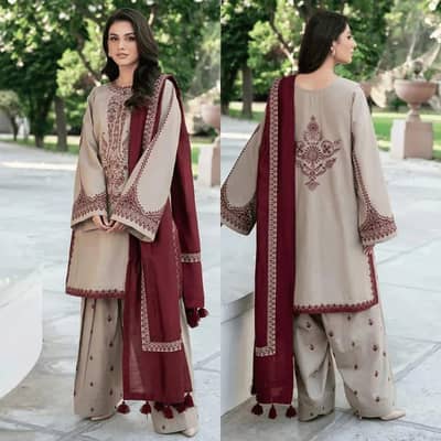 KHAADI DHANAK EMBROIDERED 3PIECE WITH PRINTED SHAWL