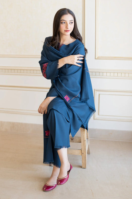 ASLING KHADDAR 3 PIECE FRONT EMBROIDERED PATCH WITH PLAN TROUSER WITH EMBROIDERED SHAWL